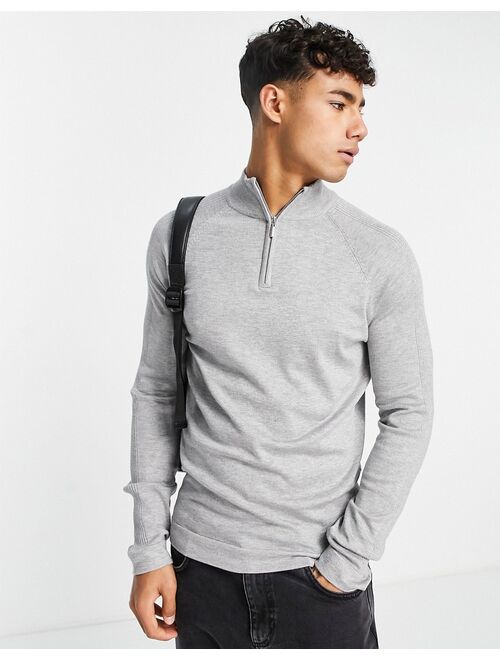 River Island knit half zip sweater in gray