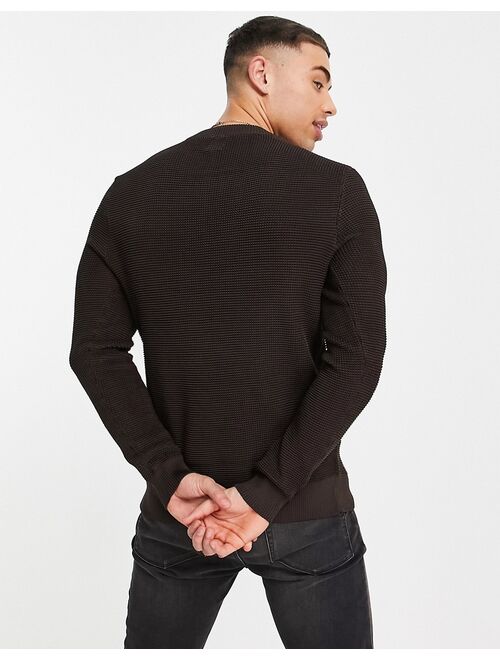 River Island long sleeve waffle crew sweater in brown