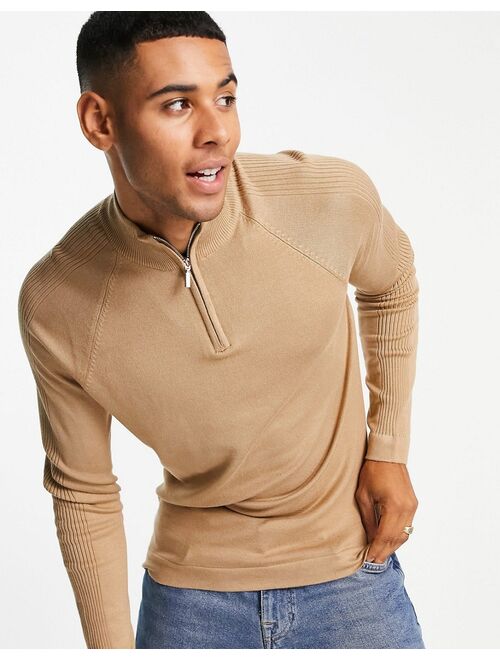 River Island knitted half zip sweater in stone