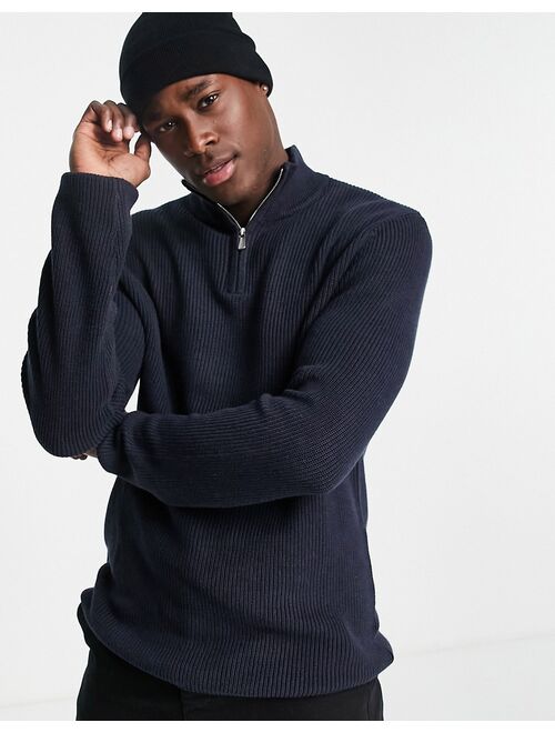 River Island knitted fisherman sweater with funnel neck in navy