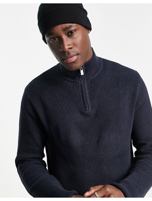 River Island knitted fisherman sweater with funnel neck in navy