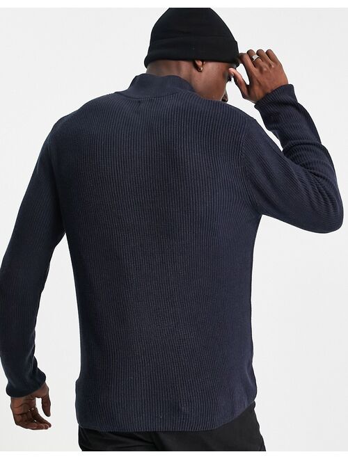 River Island knitted fisherman sweater with funnel neck in navy