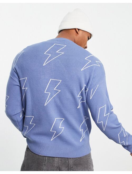 Bershka lightning print oversized sweater in blue