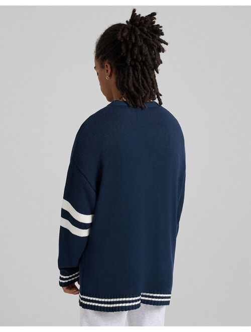 Bershka knit varsity cardigan in blue