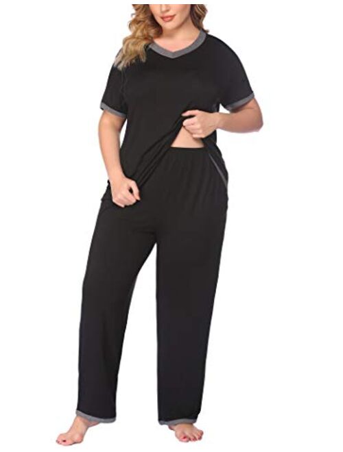 IN'VOLAND Women Plus Size Pajama Sets Short Sleeve Tops and Long Pajama Pants Sleepwear Set with Pockets