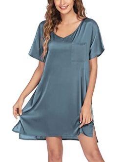 Women's Satin Nightgowns V Neck Side Split Sleepshirt Short Sleeves Sleepwear Chest Pocket Nightshirt S-XXL