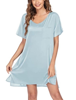 Women's Satin Nightgowns V Neck Side Split Sleepshirt Short Sleeves Sleepwear Chest Pocket Nightshirt S-XXL