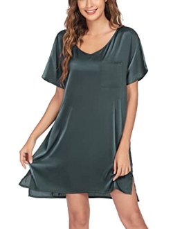 Women's Satin Nightgowns V Neck Side Split Sleepshirt Short Sleeves Sleepwear Chest Pocket Nightshirt S-XXL