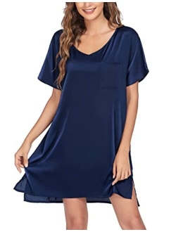 Women's Satin Nightgowns V Neck Side Split Sleepshirt Short Sleeves Sleepwear Chest Pocket Nightshirt S-XXL