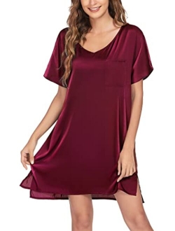 Women's Satin Nightgowns V Neck Side Split Sleepshirt Short Sleeves Sleepwear Chest Pocket Nightshirt S-XXL