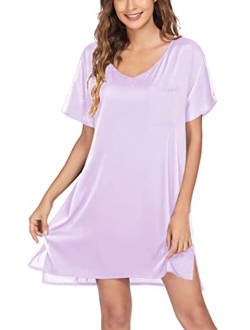 Women's Satin Nightgowns V Neck Side Split Sleepshirt Short Sleeves Sleepwear Chest Pocket Nightshirt S-XXL