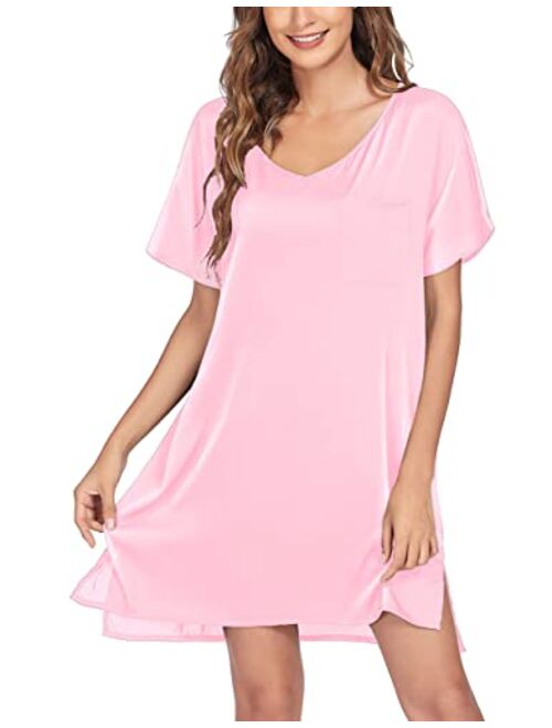 Ekouaer Women's Satin Nightgowns V Neck Side Split Sleepshirt Short Sleeves Sleepwear Chest Pocket Nightshirt S-XXL