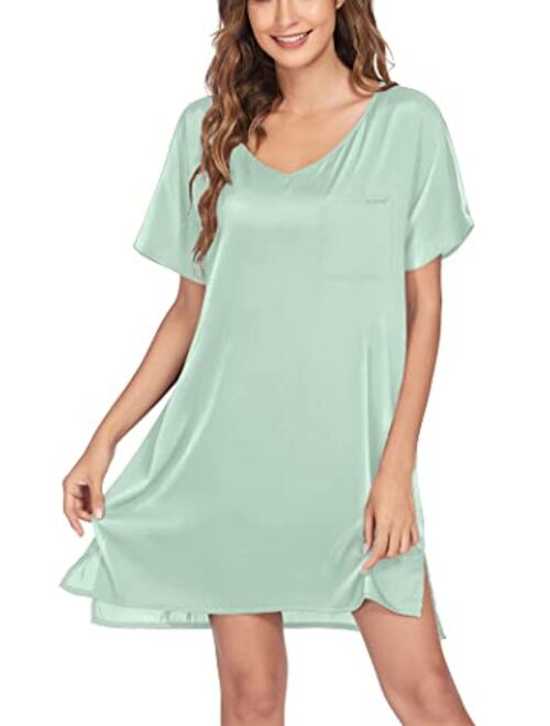 Ekouaer Women's Satin Nightgowns V Neck Side Split Sleepshirt Short Sleeves Sleepwear Chest Pocket Nightshirt S-XXL