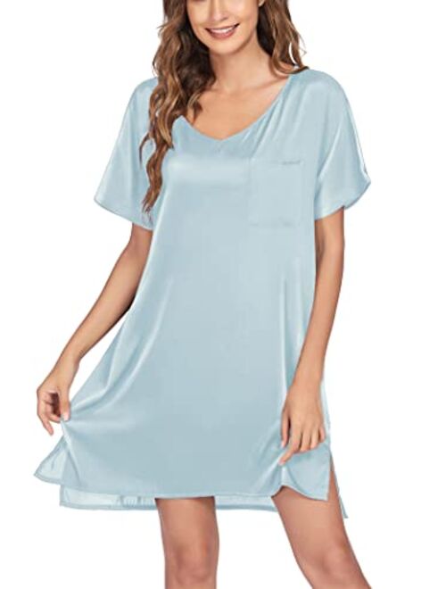 Ekouaer Women's Satin Nightgowns V Neck Side Split Sleepshirt Short Sleeves Sleepwear Chest Pocket Nightshirt S-XXL