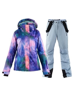 MOUS ONE Women's Waterproof Ski Jacket Colorful Snowboard Jacket and Bib Pant Suit