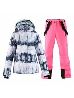 MOUS ONE Women's Waterproof Ski Jacket Colorful Snowboard Jacket and Bib Pant Suit