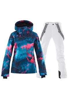 MOUS ONE Women's Waterproof Ski Jacket Colorful Snowboard Jacket and Bib Pant Suit