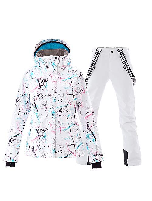 MOUS ONE Women's Waterproof Ski Jacket Colorful Snowboard Jacket and Bib Pant Suit