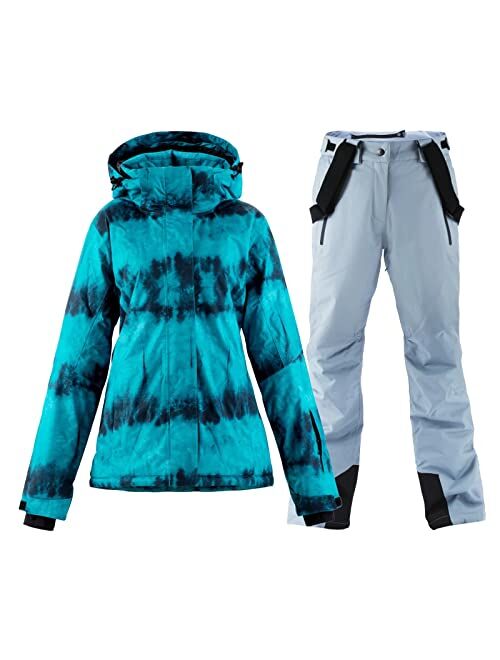 MOUS ONE Women's Waterproof Ski Jacket Colorful Snowboard Jacket and Bib Pant Suit