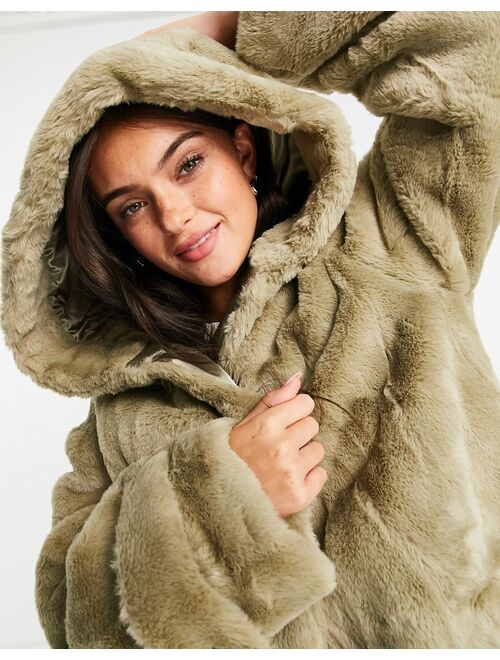 Asos Design hooded faux fur maxi coat in sage