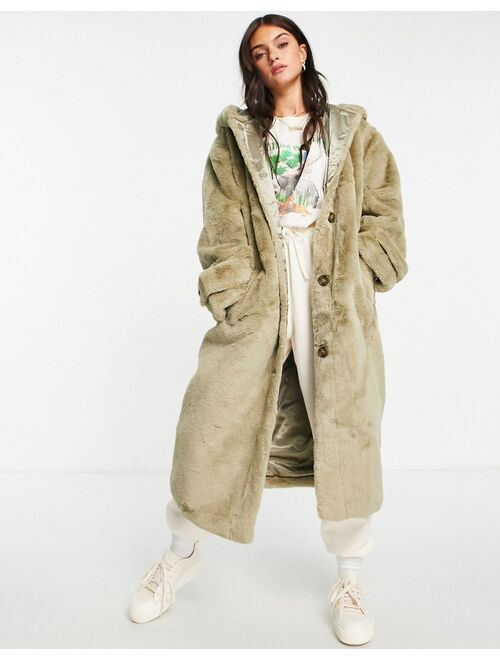 Asos Design hooded faux fur maxi coat in sage