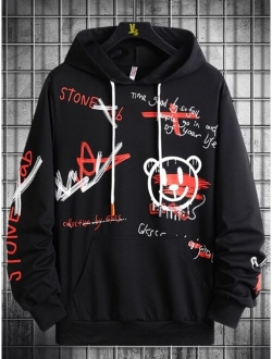 Men Cartoon & Letter Graphic Drawstring Hoodie