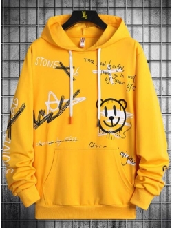 Men Cartoon & Letter Graphic Drawstring Hoodie