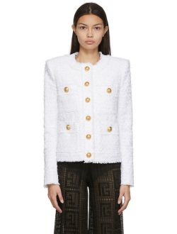 collarless four-pocket tweed jacket
