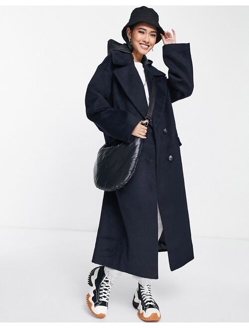 Asos Design oversized hybrid coat with rainwear hood in navy