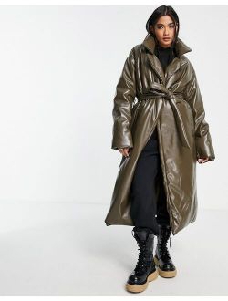 leather look longline padded coat with belt in brown