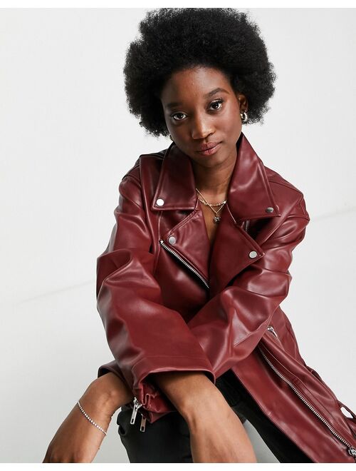 Asos Design longline oversized leather look biker jacket in oxblood