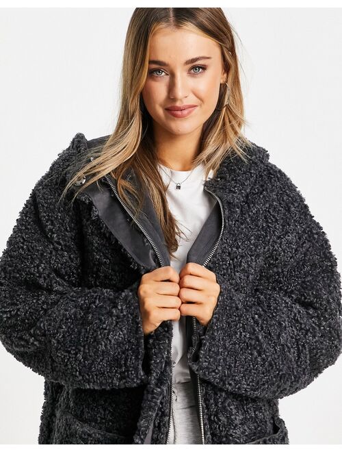 Asos Design bonded borg parka coat in charcoal