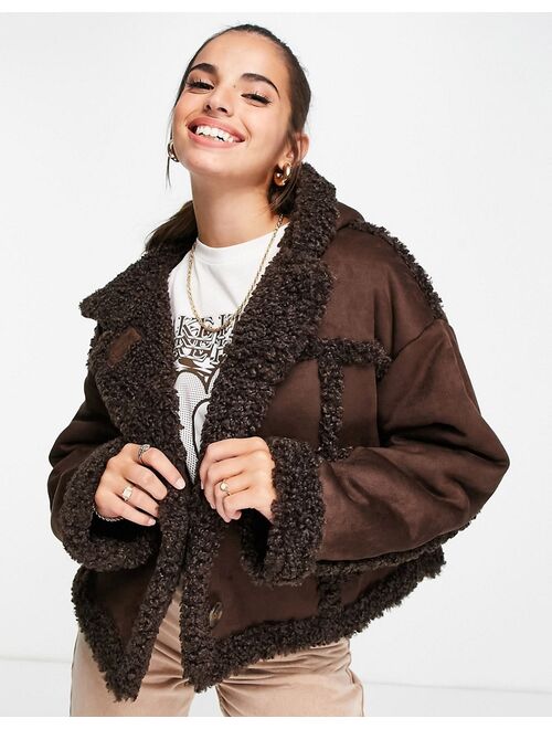 Asos Design bonded sherpa jacket with hood in brown