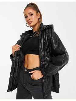 quilted faux leather bomber jacket in black