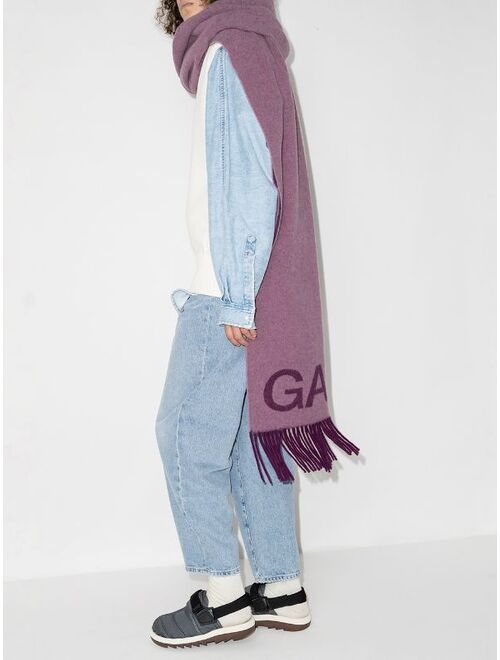 GANNI fringed logo-print scarf