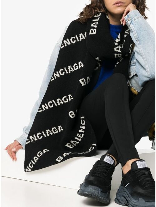 Balenciaga black and white logo intarsia wool blend scarf