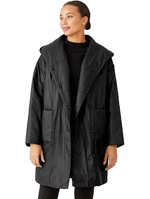 Eileen Fisher Hooded Knee Length Coat in Eggshell Recycled Nylon