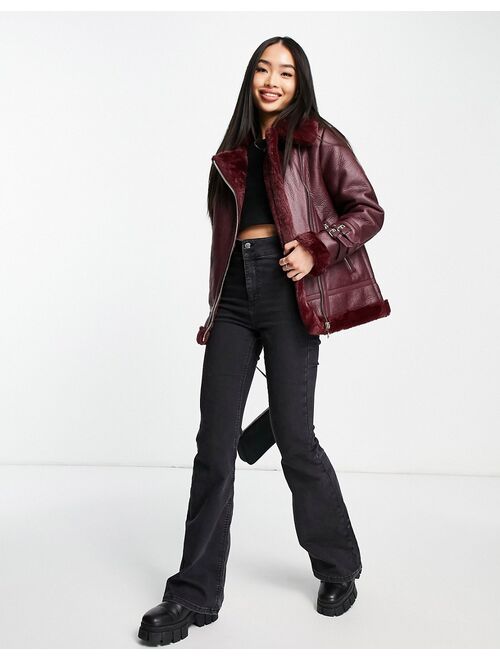 Buy Miss Selfridge longline contrast cuff aviator jacket in burgundy ...