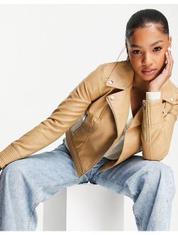 faux leather biker jacket in camel