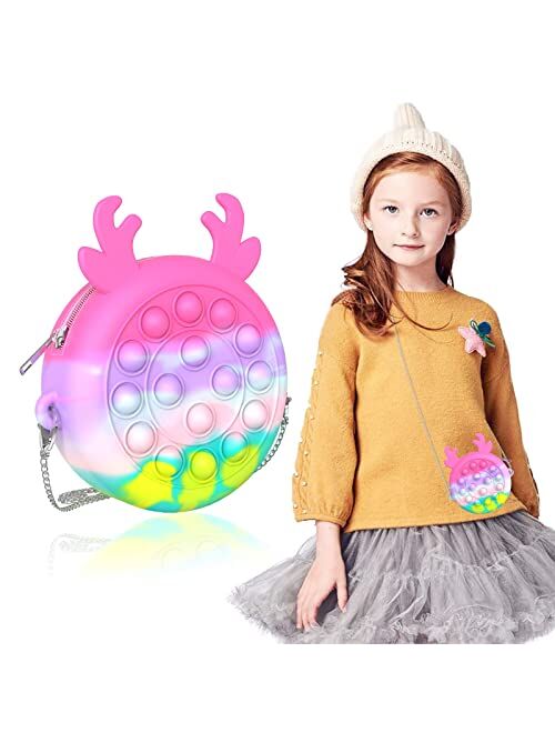 geekboy Pop Purse for Girls, Macaron Rabbit Fidget Purse Pop Bag Rainbow Cute Pop Crossbody Bag Fidget Toy, Metal Chain Silicone Shoulder Bag for Girls