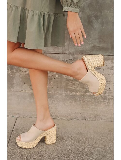 Lulus Ervyn Light Nude Suede Raffia Platform Slide Sandals