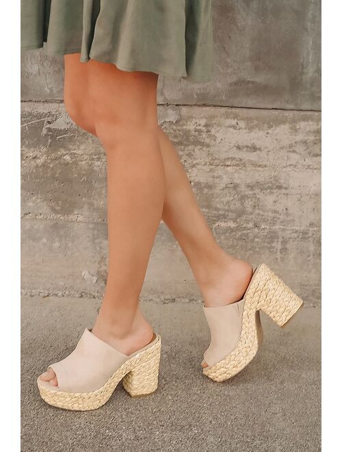 Lulus Ervyn Light Nude Suede Raffia Platform Slide Sandals