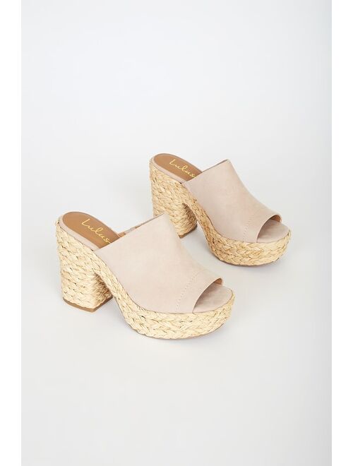 Lulus Ervyn Light Nude Suede Raffia Platform Slide Sandals