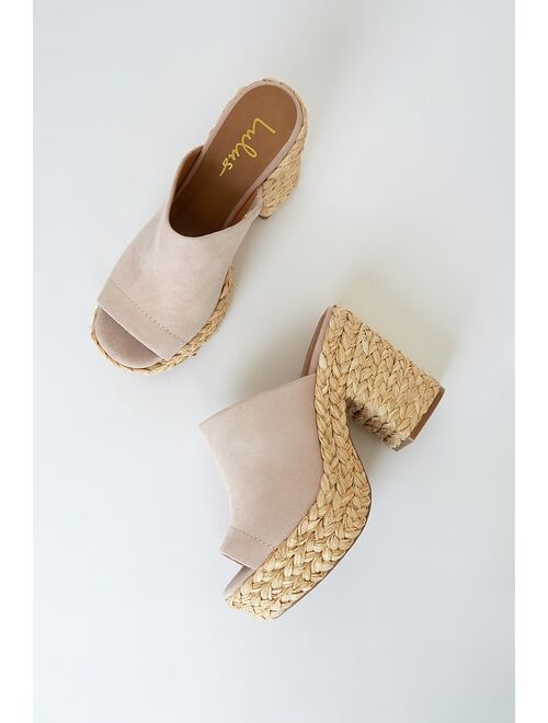 Lulus Ervyn Light Nude Suede Raffia Platform Slide Sandals