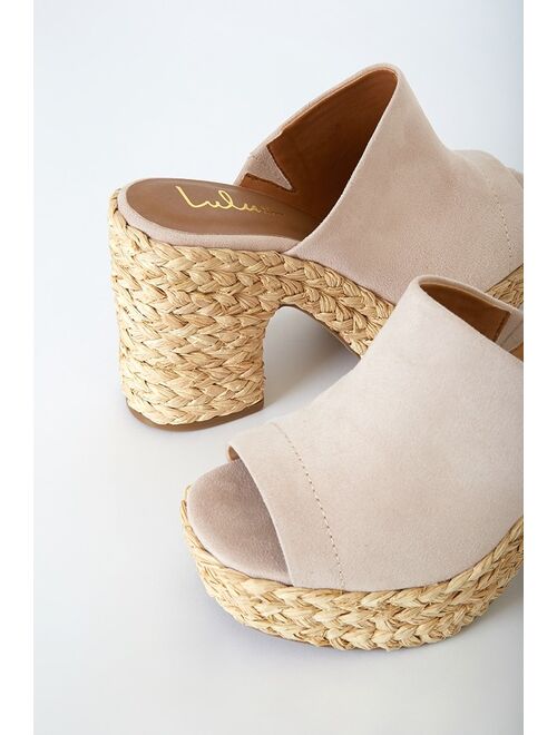 Lulus Ervyn Light Nude Suede Raffia Platform Slide Sandals