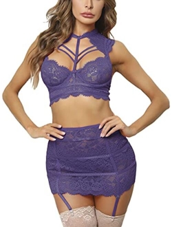 Ladies & Men'S Story Women's Underwire 3 Piece Sexy Lingerie Collared Stretch Bustier and Garter Skirt with G-String,Strappy Lace Bra & Panty Set