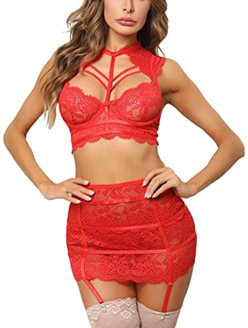 Ladies & Men'S Story Women's Underwire 3 Piece Sexy Lingerie Collared Stretch Bustier and Garter Skirt with G-String,Strappy Lace Bra & Panty Set