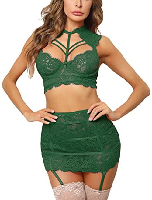 Ladies & Men'S Story Women's Underwire 3 Piece Sexy Lingerie Collared Stretch Bustier and Garter Skirt with G-String,Strappy Lace Bra & Panty Set