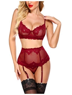 ADOME Women Sexy Lingerie Set with Garter Bra and Panty Lace Underwire Lingerie Sets