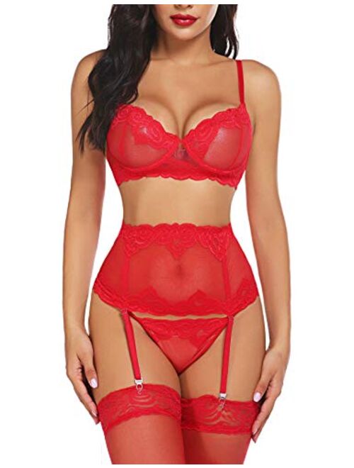 ADOME Women Sexy Lingerie Set with Garter Bra and Panty Lace Underwire Lingerie Sets